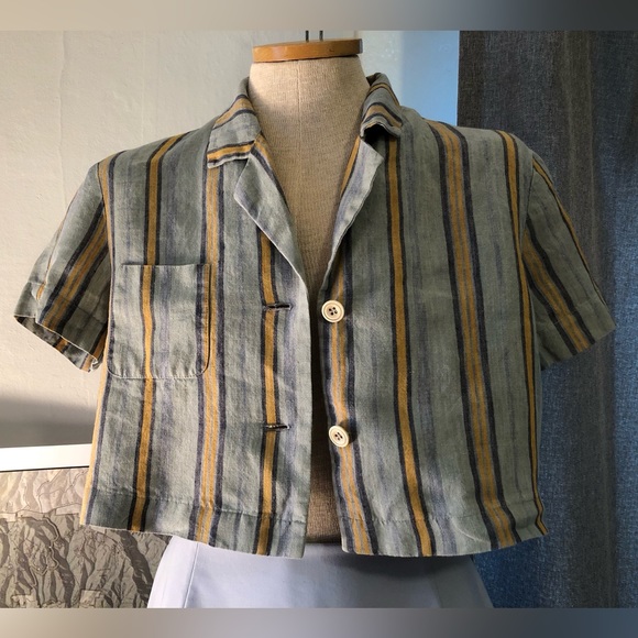 Caractere Striped Linen Button Up Cropped Made in Italy Blue Orange Small - Picture 2 of 10
